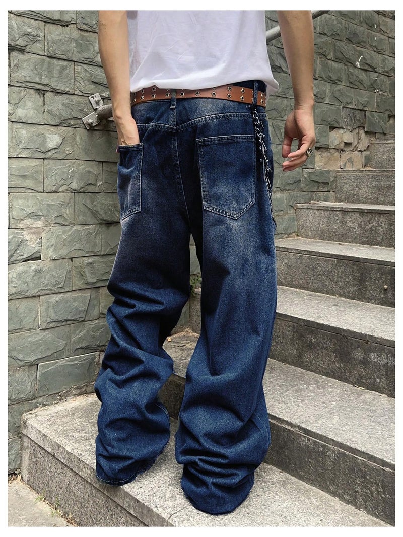 SHENHE Men's Wide Leg Jeans Vintage Baggy Jeans Casual Loose Fit Denim Pants with Pockets Blue B Large - Image 2