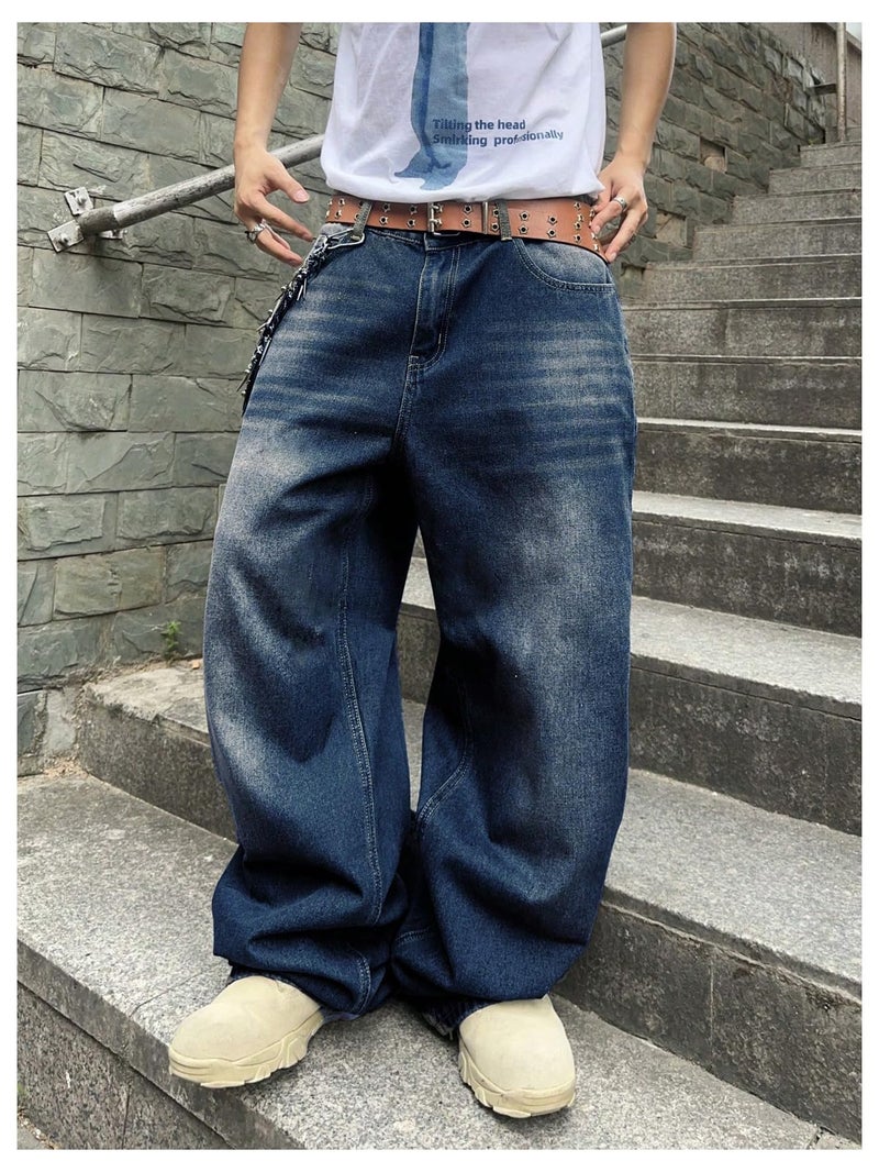 SHENHE Men's Wide Leg Jeans Vintage Baggy Jeans Casual Loose Fit Denim Pants with Pockets Blue B Large - Image 5
