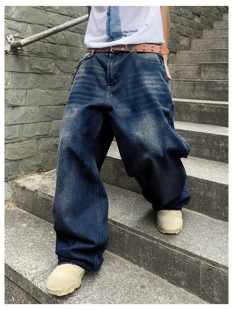 SHENHE Men's Wide Leg Jeans Vintage Baggy Jeans Casual Loose Fit Denim Pants with Pockets Blue B Large - Image 3