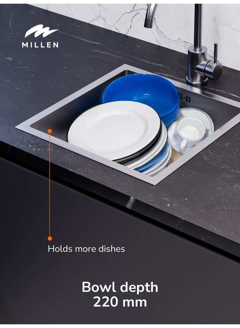 MILLEN Premium Handmade Undermount Single Bowl Sink – 304 Stainless Steel, Soundproof, Satin Finish - MS454522SS - Image 4