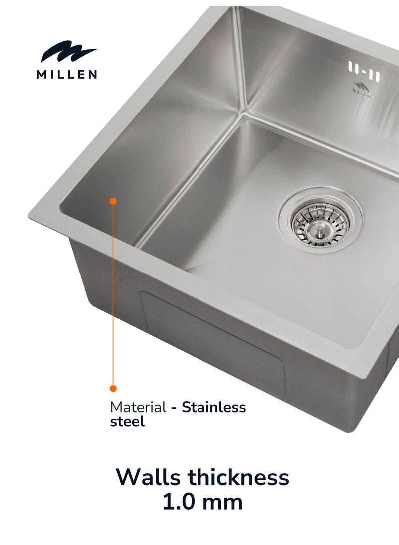 MILLEN Premium Handmade Undermount Single Bowl Sink – 304 Stainless Steel, Soundproof, Satin Finish - MS454522SS - Image 3