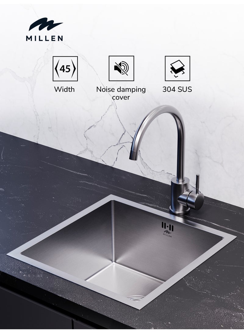 MILLEN Premium Handmade Undermount Single Bowl Sink – 304 Stainless Steel, Soundproof, Satin Finish - MS454522SS - Image 1