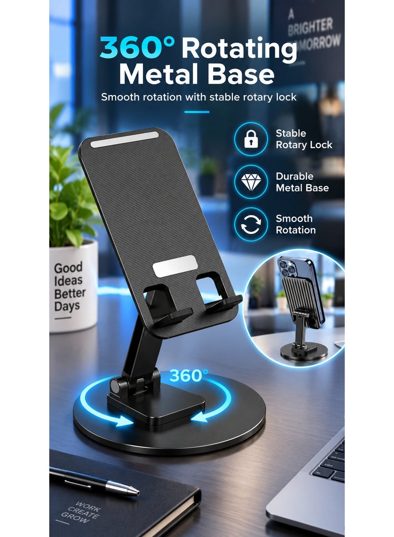 OALE Durable Metal Base 360° Rotating Mobile Phone & Tablet Stand – Universal Adjustable Holder with Stable Rotary Lock, Durable Aluminum Alloy Build, Non-Slip Base, 1000g Load Capacity – Compact & Portable for 4–12 Inch Devices (Black) - Image 2