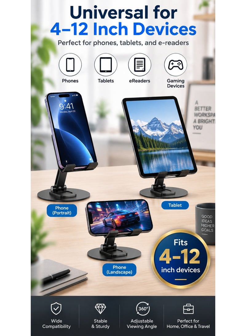 OALE Durable Metal Base 360° Rotating Mobile Phone & Tablet Stand – Universal Adjustable Holder with Stable Rotary Lock, Durable Aluminum Alloy Build, Non-Slip Base, 1000g Load Capacity – Compact & Portable for 4–12 Inch Devices (Black) - Image 3