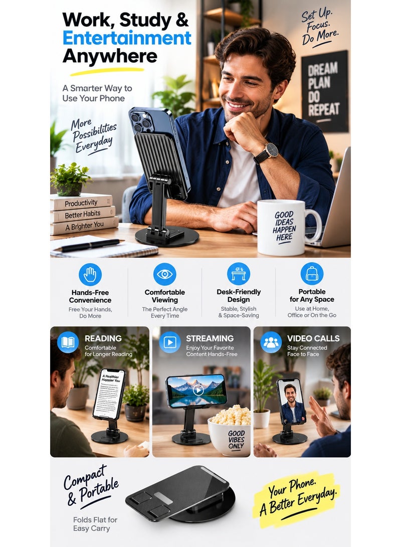 OALE Durable Metal Base 360° Rotating Mobile Phone & Tablet Stand – Universal Adjustable Holder with Stable Rotary Lock, Durable Aluminum Alloy Build, Non-Slip Base, 1000g Load Capacity – Compact & Portable for 4–12 Inch Devices (Black) - Image 5