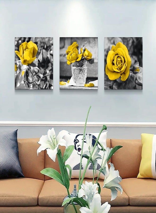 DZRWUBHS Canvas Wall Art - Modern Decor For Bedroom, Living Room, Kitchen, Bathroom - Black And White Wall Pictures - Yellow Rose Flowers - Girls Room Artwork - Image 3
