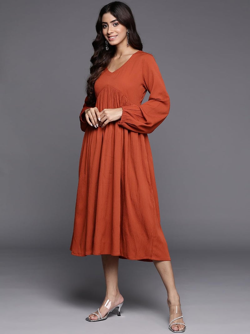 Varanga Women rust A-line dress with v - neck, bishop sleeves and flared hem designed in calf length for comfortable casual wear. - Image 2
