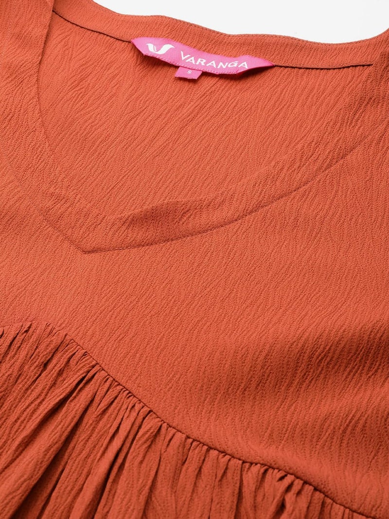 Varanga Women rust A-line dress with v - neck, bishop sleeves and flared hem designed in calf length for comfortable casual wear. - Image 4