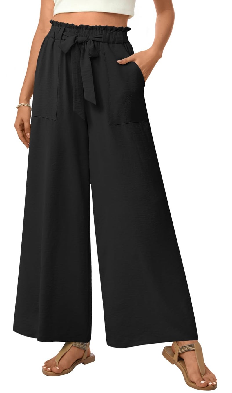 Anyhold Womens Wide Leg Palazzo Pants Dressy Casual Loose High Waist Trousers Flowy Work Adjustable Pants with Pockets Large, Black - Image 2