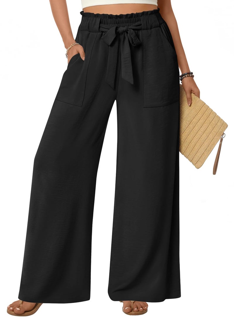 Anyhold Womens Wide Leg Palazzo Pants Dressy Casual Loose High Waist Trousers Flowy Work Adjustable Pants with Pockets Large, Black - Image 1