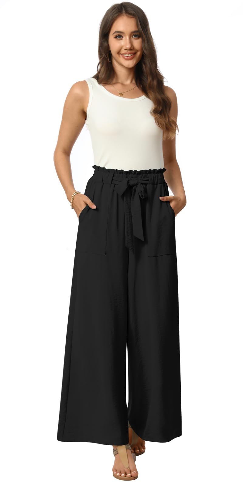 Anyhold Womens Wide Leg Palazzo Pants Dressy Casual Loose High Waist Trousers Flowy Work Adjustable Pants with Pockets Large, Black - Image 5