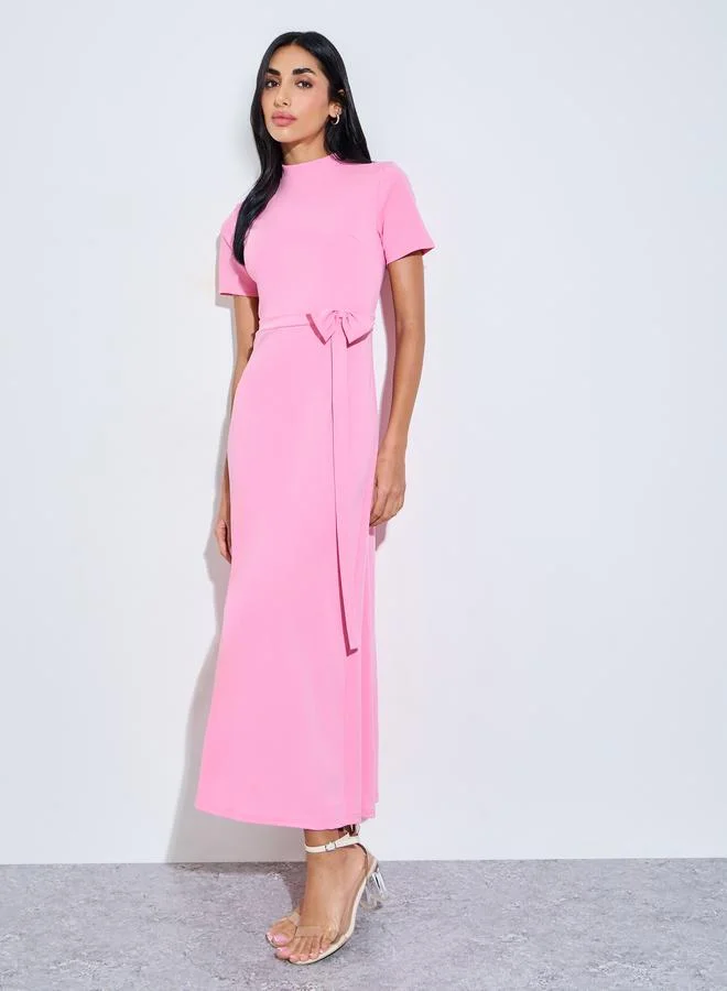 ستايلي Pink Mock Neck A-Line Maxi Dress with Tie-Waist