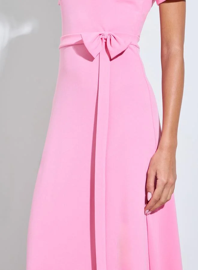 Styli bright pink Pink Mock Neck A-Line Maxi Dress with Tie-Waist for Women | Best Price UAE