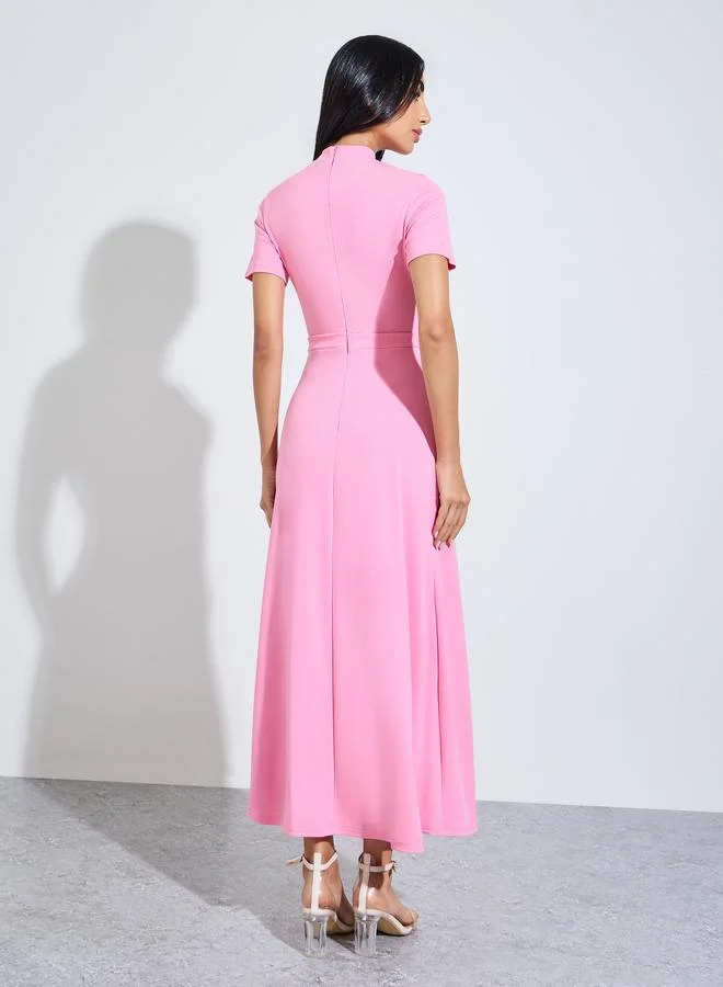 Styli bright pink Pink Mock Neck A-Line Maxi Dress with Tie-Waist for Women | Best Price UAE