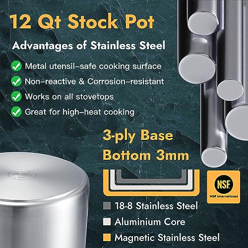 CURTA 20 Quart Large Stock Pot with Lid, NSF Listed, 3-Ply 18/8 Stainless Steel Cooking Pot, Commercial Cookware for Soup, Stew & Sauce, Riveted Silicone Handle - Image 3