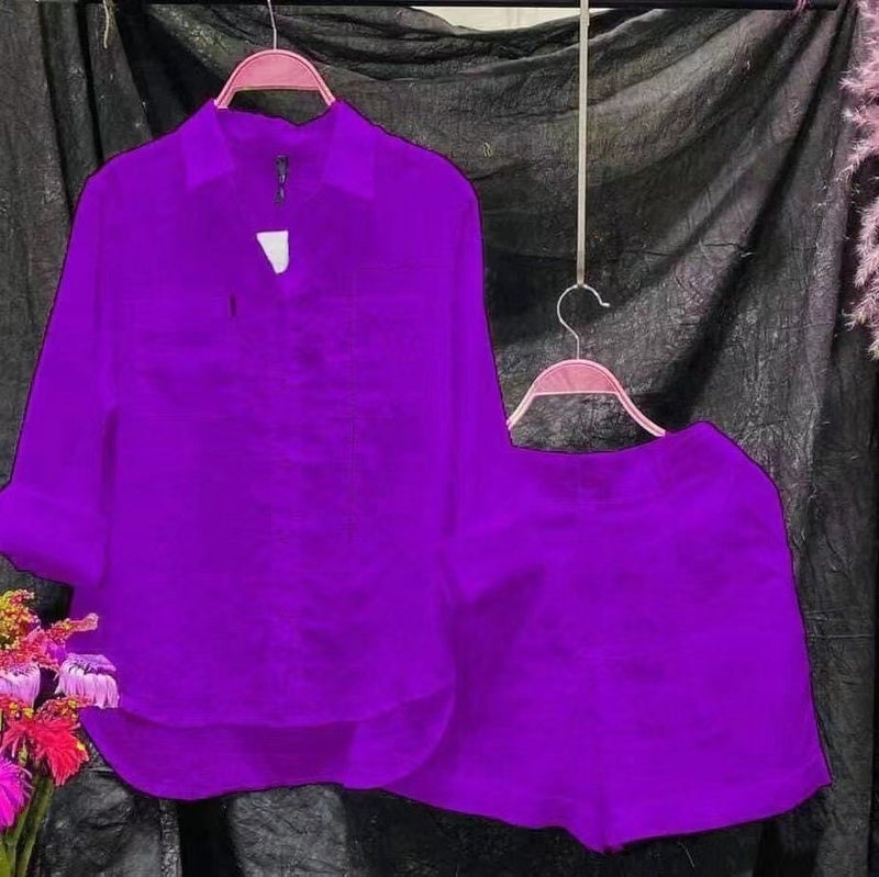 Womens Cotton Linen Solid Color Shirt Set White  - Image 4