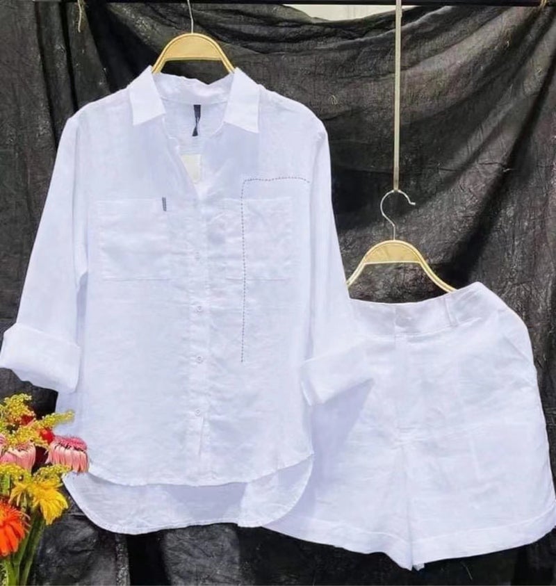 Womens Cotton Linen Solid Color Shirt Set White  - Image 1