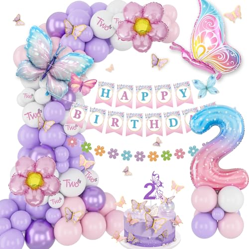 KISPATTI 2nd Birthday Decorations for Girl 2 Year Old Bday Decor Girl Butterfly Bday Party Decor Pink and Purple Balloons Second Birthday Decoration - Image 1