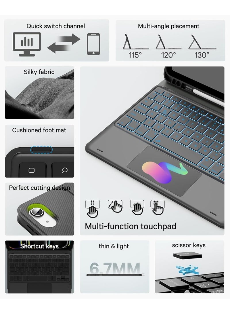 Keyboard Case for iPad A16 11th/10th Gen(2025/2022), Arabic–English Keyboard, 7-Color Backlight, Multi-Touch Trackpad, Flip Stand Case with Pencil Holder & Dual Bluetooth - Image 3