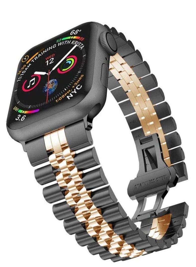 Replacement Band Compatible with Apple Watch Ultra 49mm 45mm / 44mm / 42mm, Stainless Steel Solid Strap Metal Bracelet for Apple Watch Series 8 7 6 5 4 3 2 SE (Black+Rose Gold) - Image 2