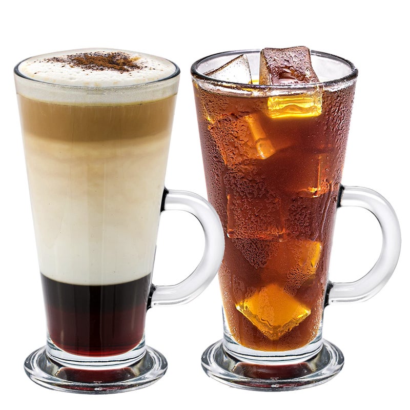 Crystalia Tall Irish Coffee Mugs with Handle Large Colombian Glasses Set of 2 Tall Funnel Clear Glasses for Iced Coffee Latte Cappuccino and Hot Chocolate Big Plain Glass Large 12 oz