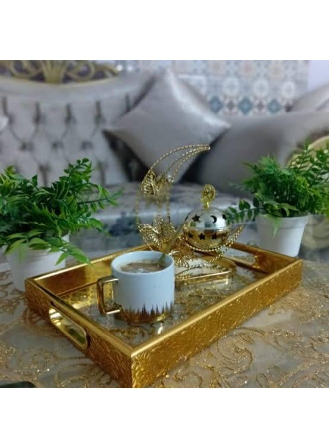 Luxury transparent serving tray, gold frame, with gold flakes, rectangular, for decoration and home use - Image 1