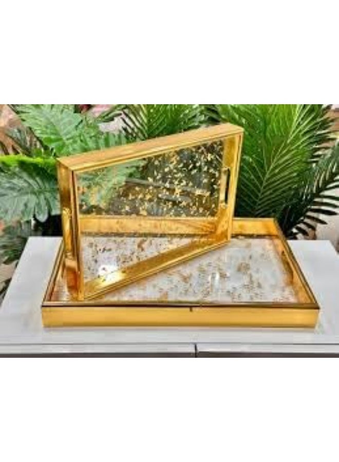 Luxury transparent serving tray, gold frame, with gold flakes, rectangular, for decoration and home use - Image 3