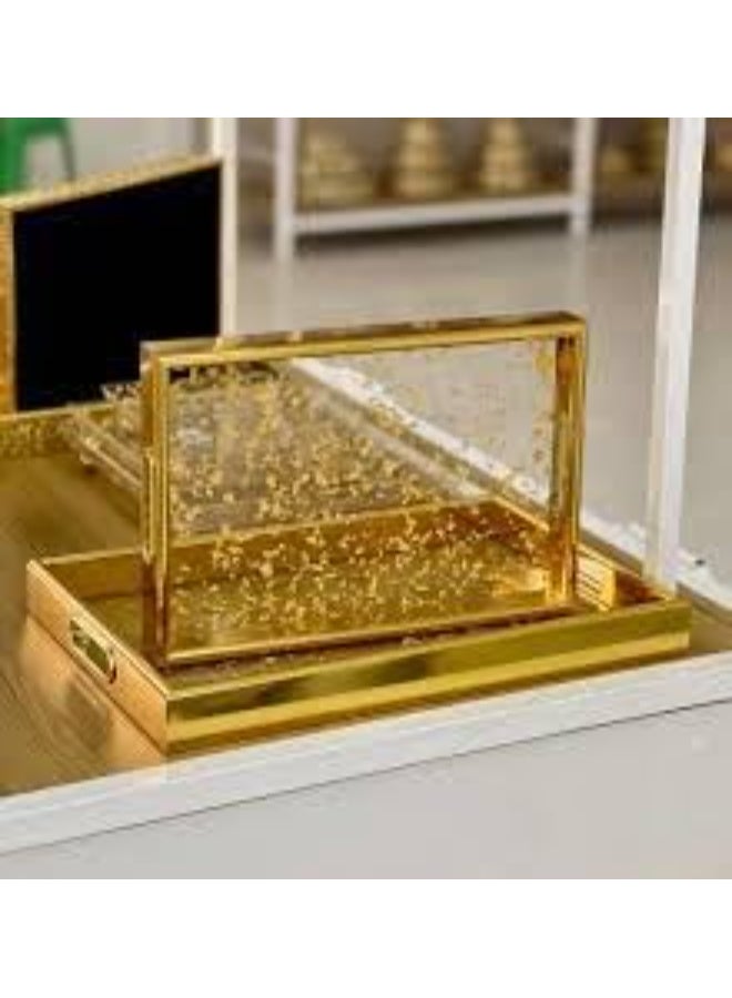 Luxury transparent serving tray, gold frame, with gold flakes, rectangular, for decoration and home use - Image 2