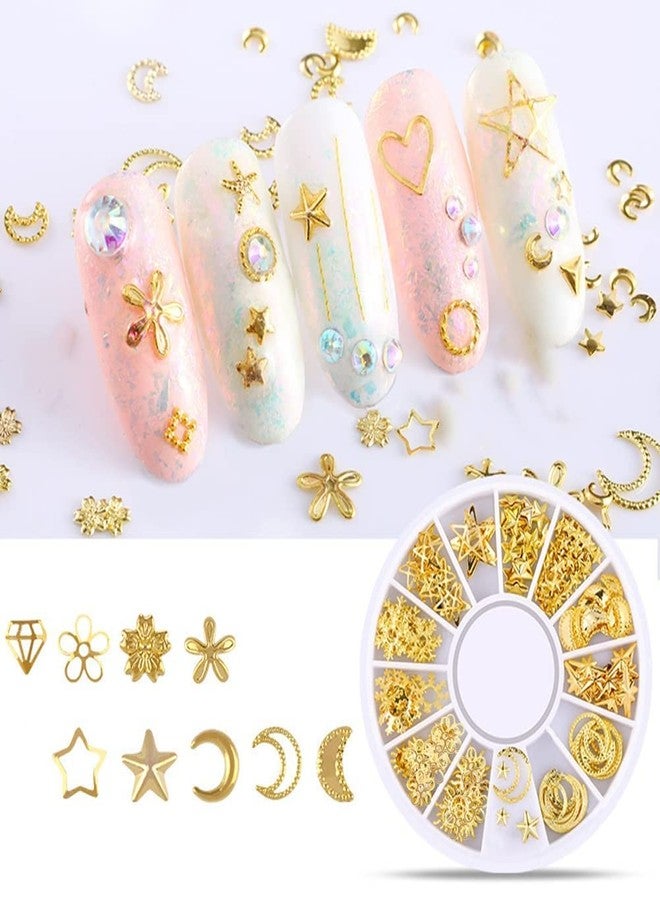YSSZAM 1 Box Mixed Gold Nail Charms Set Gold Nail Studs Gems Sparkling Rhinestones Metal Rivets Charms Hollow Moon Star Hearts Shaped Artificial Pearls DIY 3D Nail Art Rhinestones And Charms - Image 3