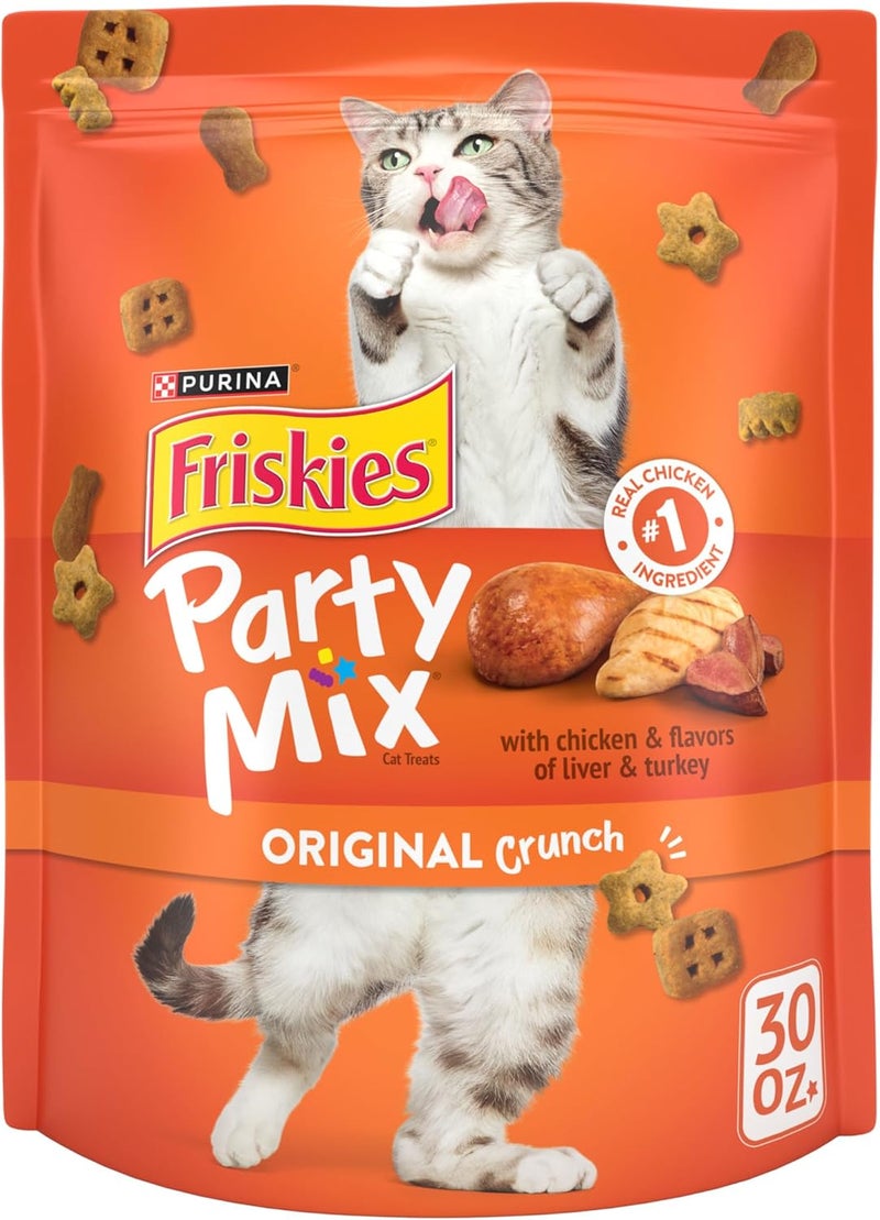 فريسكس حلوى القطط Purina Friskies المصنوعة في مصانع الولايات المتحدة الأمريكية، مزيج الحفلات Original Crunch – عبوة سعة 30 أونصة - Image 1