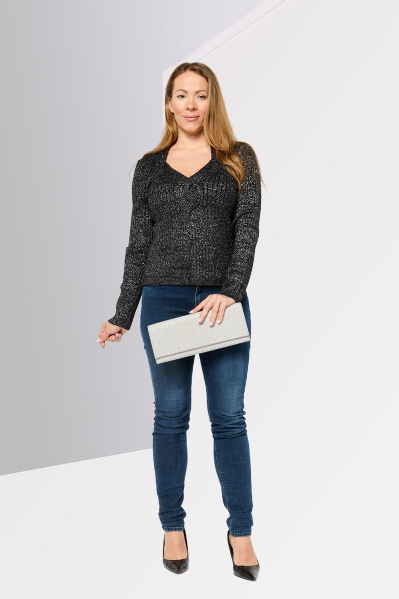 DKNY سويت شيرت محبوك على شكل حرف V للنساء، أسود - Image 2