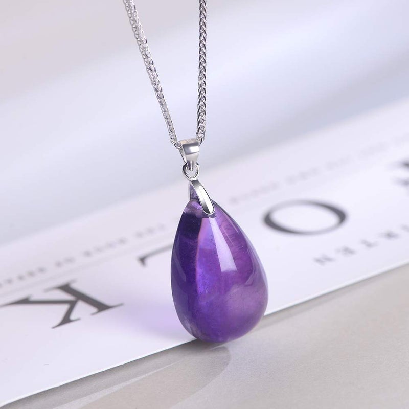 iSTONE 925 Sterling Silver Natural Gemstone Amethyst Watr Drop Shape Ladies Pendant Necklace, Gemstone Birthstone with 18" Silver Chain - Image 4