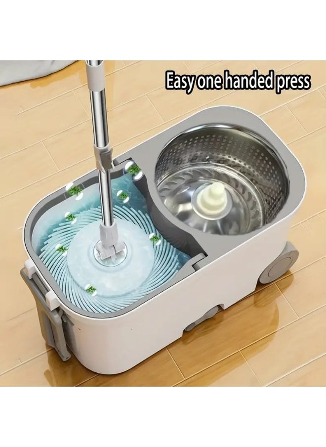 360-Degree Spin Mop and Bucket Set - Detachable Spinning Bucket with Wheels, Stainless Steel Telescopic Long Handle, Lazy Mop, Reusable Microfiber Mop Heads, 6L Bucket for Deep Cleaning on All Floor Surfaces