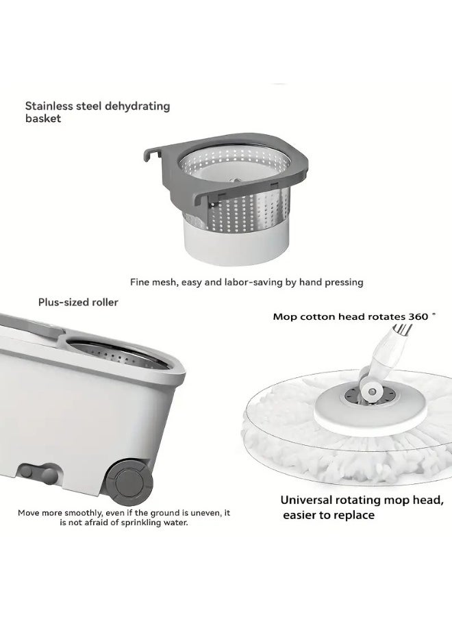 360-Degree Spin Mop and Bucket Set - Detachable Spinning Bucket with Wheels, Stainless Steel Telescopic Long Handle, Lazy Mop, Reusable Microfiber Mop Heads, 6L Bucket for Deep Cleaning on All Floor Surfaces