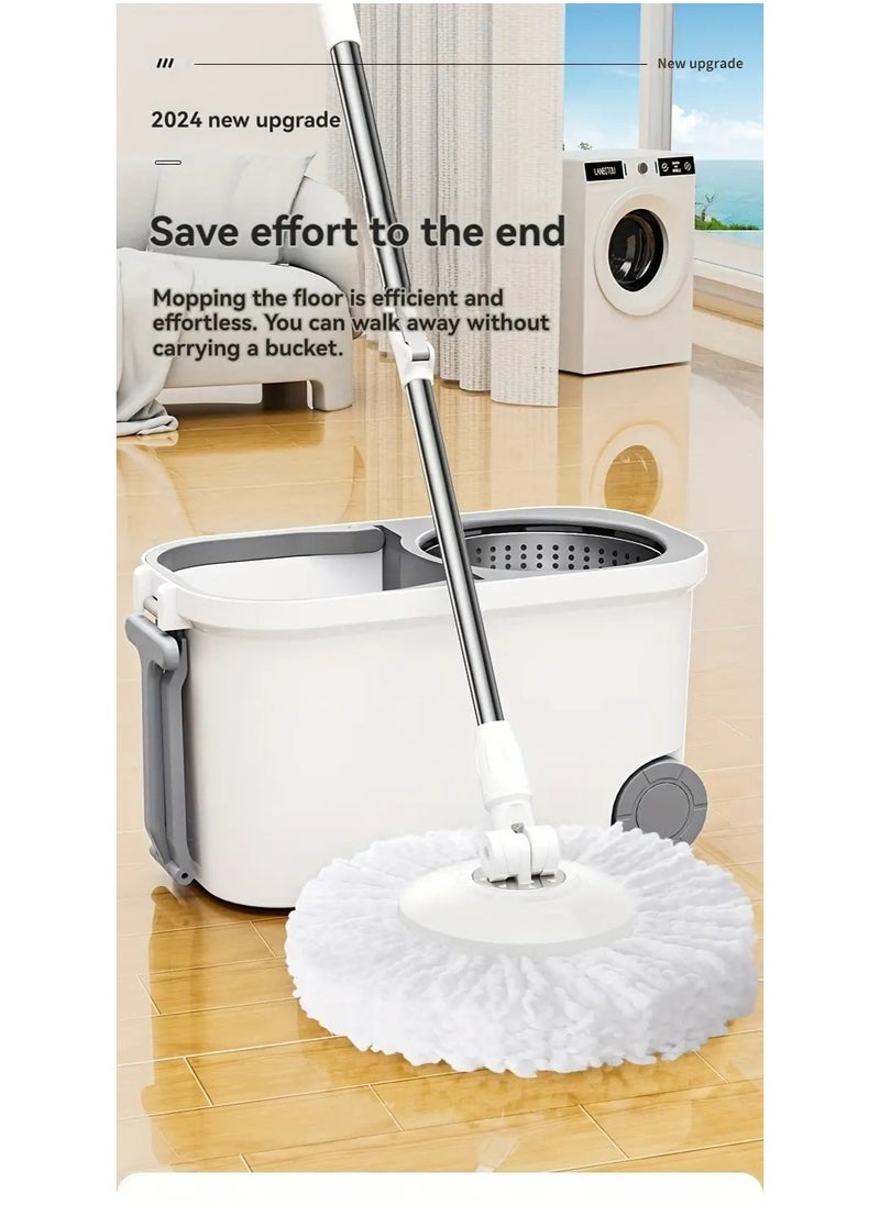 360-Degree Spin Mop and Bucket Set - Detachable Spinning Bucket with Wheels, Stainless Steel Telescopic Long Handle, Lazy Mop, Reusable Microfiber Mop Heads, 6L Bucket for Deep Cleaning on All Floor Surfaces