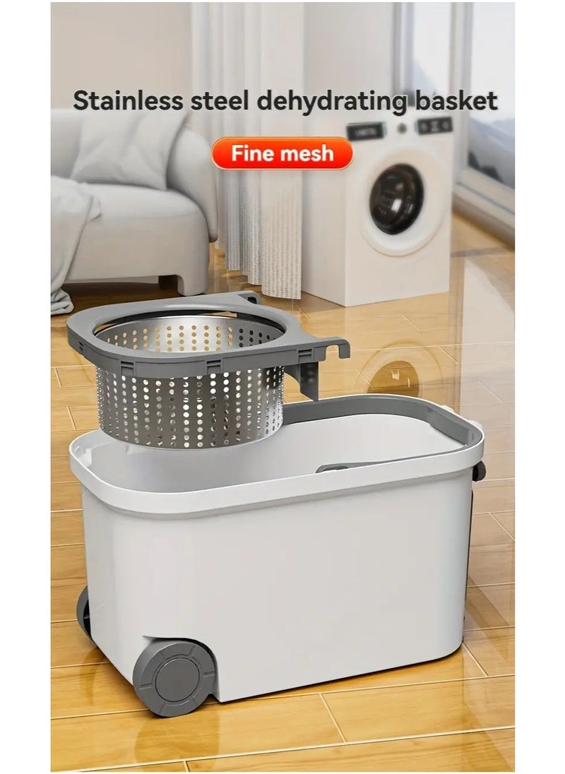 360-Degree Spin Mop and Bucket Set - Detachable Spinning Bucket with Wheels, Stainless Steel Telescopic Long Handle, Lazy Mop, Reusable Microfiber Mop Heads, 6L Bucket for Deep Cleaning on All Floor Surfaces