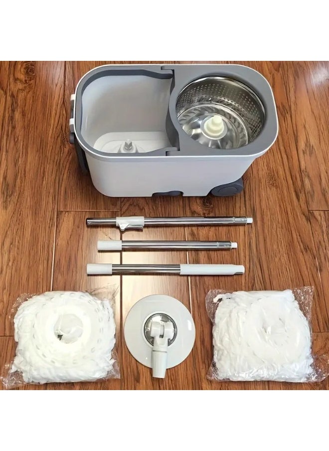 360-Degree Spin Mop and Bucket Set - Detachable Spinning Bucket with Wheels, Stainless Steel Telescopic Long Handle, Lazy Mop, Reusable Microfiber Mop Heads, 6L Bucket for Deep Cleaning on All Floor Surfaces