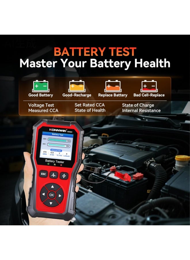 KONNWEI KW331 Car Battery Tester with Cloud Printing 10-2000CCA 6/12/24V Lead-Acid, AGM, Lithium Battery Tester Automotive Alternator Tester Cranking Charging System for Vehicles Truck, RV, Boat - Image 2