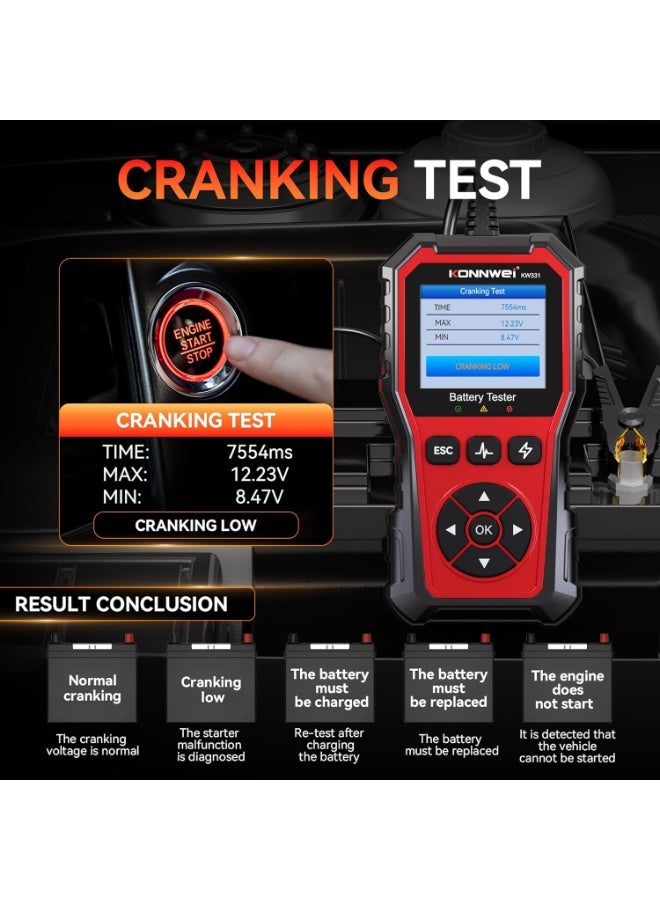 KONNWEI KW331 Car Battery Tester with Cloud Printing 10-2000CCA 6/12/24V Lead-Acid, AGM, Lithium Battery Tester Automotive Alternator Tester Cranking Charging System for Vehicles Truck, RV, Boat - Image 3