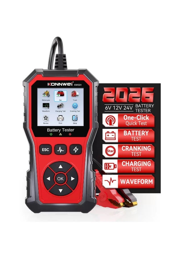 KONNWEI KW331 Car Battery Tester with Cloud Printing 10-2000CCA 6/12/24V Lead-Acid, AGM, Lithium Battery Tester Automotive Alternator Tester Cranking Charging System for Vehicles Truck, RV, Boat - Image 1