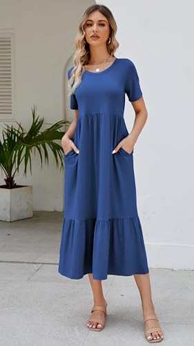 Jeqeocafy Summer Dresses for Women Flowy Maxi Sundress Short Sleeve Tiered Beach Dress with Pockets 2026 Vacation Travel Sea Blue - Image 2