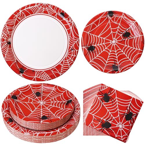 Watch Me Fly 75pcs Spider Party Supplies, 25 Guest Disposable Red Paper Plates & Napkins, Tableware Decorations Favors, Including 9" & 7" Plates & Napkins for Halloween, Birthday, Parties, and Everyday Use - Image 1