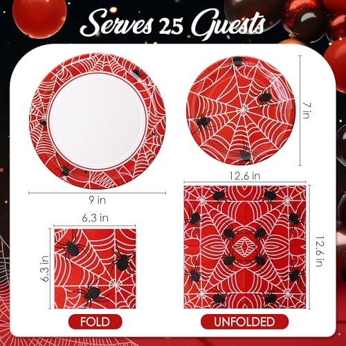 Watch Me Fly 75pcs Spider Party Supplies, 25 Guest Disposable Red Paper Plates & Napkins, Tableware Decorations Favors, Including 9" & 7" Plates & Napkins for Halloween, Birthday, Parties, and Everyday Use - Image 3