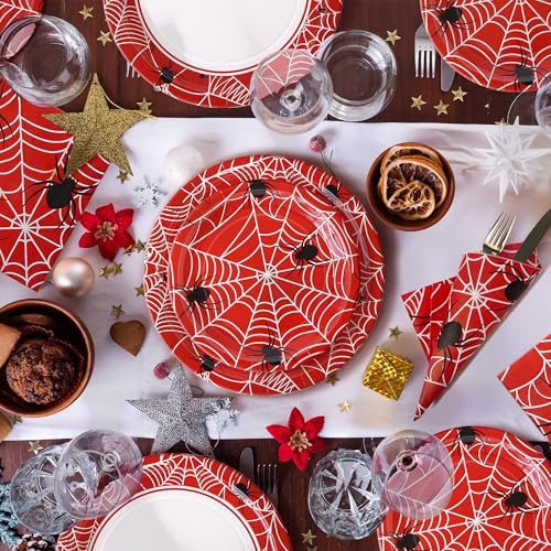Watch Me Fly 75pcs Spider Party Supplies, 25 Guest Disposable Red Paper Plates & Napkins, Tableware Decorations Favors, Including 9" & 7" Plates & Napkins for Halloween, Birthday, Parties, and Everyday Use - Image 2