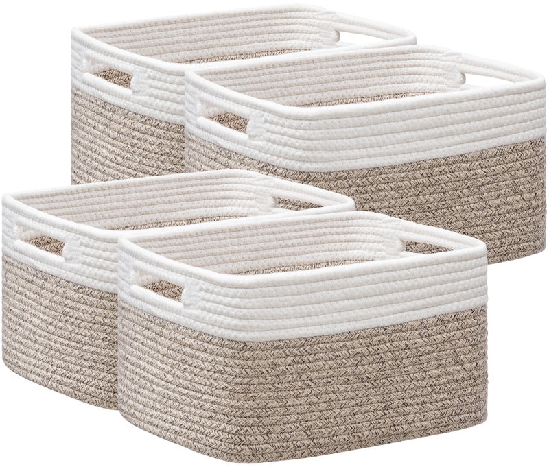 UBBCARE 4 Pack Storage Baskets for Shelves, Baskets for Organizing, Cube Shelf Storage Bin with Handles, Woven Storage Basket, 13"L x 9"W x 7.5"H, White&Light Brown - Image 1