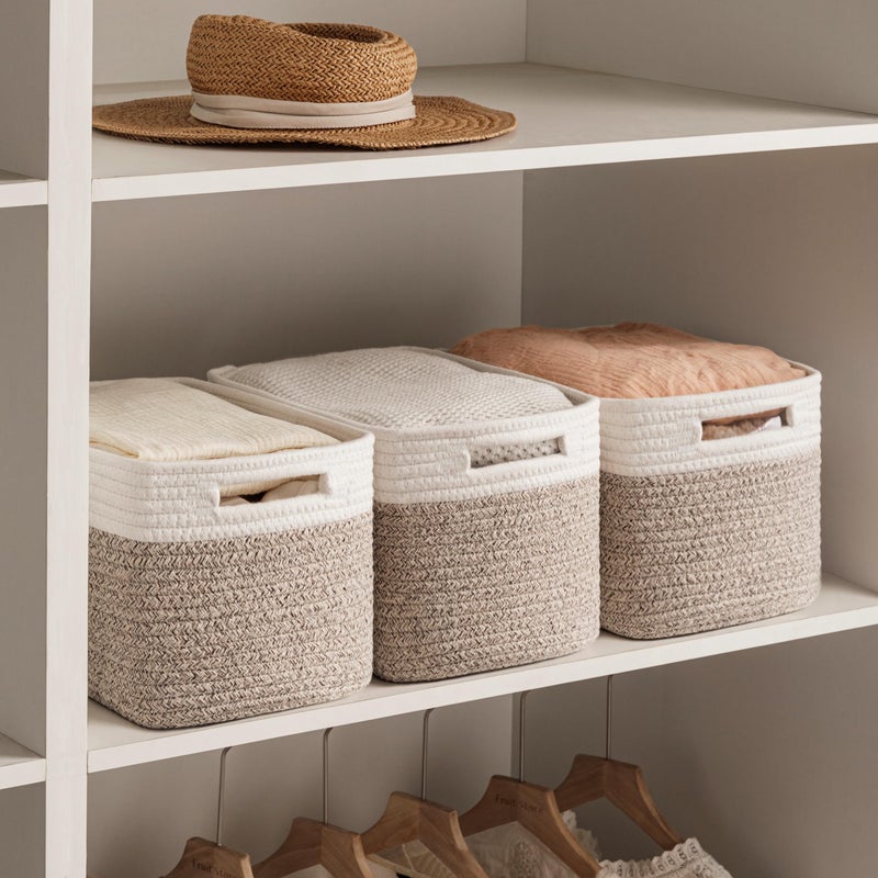 UBBCARE 4 Pack Storage Baskets for Shelves, Baskets for Organizing, Cube Shelf Storage Bin with Handles, Woven Storage Basket, 13"L x 9"W x 7.5"H, White&Light Brown - Image 4