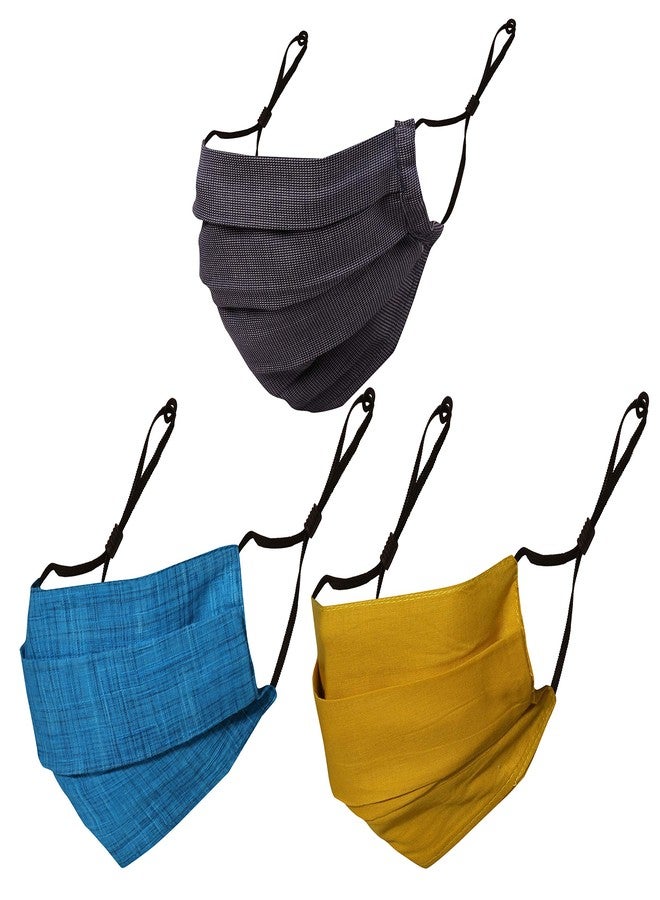 Touchstone anti pollution smog smoke cold cough protective cotton face mask Denim look Adjustable filter pocket nose bridge double layer reusable washable for men, women (Pack of 3). Yellow Sky Blue - Image 1