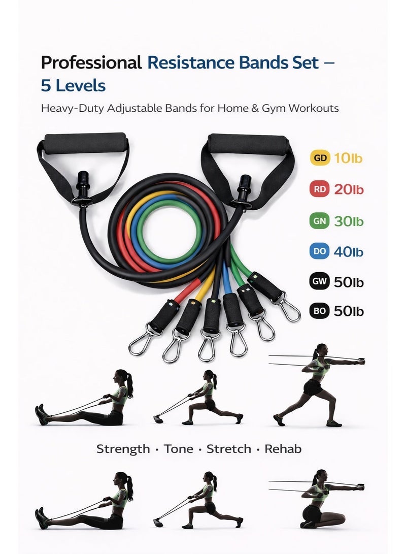 مجموعة أحزمة مقاومة متعددة الوظائف (5 مستويات) - حبل سحب قابل للتعديل بمقابض للياقة البدنية المنزلية، وإعادة التأهيل، وتمارين التمدد، وتقوية العضلات ارتقِ بتمارينك المنزلية مع هذه المجموعة من أحزمة المقاومة متعددة الوظائف، المصممة لتوفير تمرين شامل لكامل الجسم في أي وقت وأي مكان. سواء كان هدفك تقوية العضلات، أو شدّها، أو تحسين مرونتها، أو إعادة التأهيل، أو إنقاص الوزن،   هي البديل الأمثل لصالة رياضية منزلية لجميع مستويات اللياقة البدنية. تتضمن هذه المجموعة 5 أحزمة مقاومة مُرمّزة بالألوان بمستويات شد مختلفة، مما يسمح لك بتخصيص شدة التمرين بسهولة. من المبتدئين وكبار السن إلى الرياضيين المحترفين، هذه الأحزمة مثالية لتمارين القوة، واليوغا، والبيلاتس، والعلاج الطبيعي، وتمارين التمدد. استخدم حزامًا واحدًا أو اجمع عدة أحزمة لزيادة المقاومة مع تحسن لياقتك. مصنوعة من اللاتكس الطبيعي عالي الجودة، توفر الأحزمة مرونة ومتانة ومقاومة للتمزق ممتازة. تحافظ على شد ثابت خلال كل حركة، مما يساعدك على التدريب بأمان وفعالية. توفر المقابض الإسفنجية المريحة قبضة مريحة وغير قابلة للانزلاق - Image 1