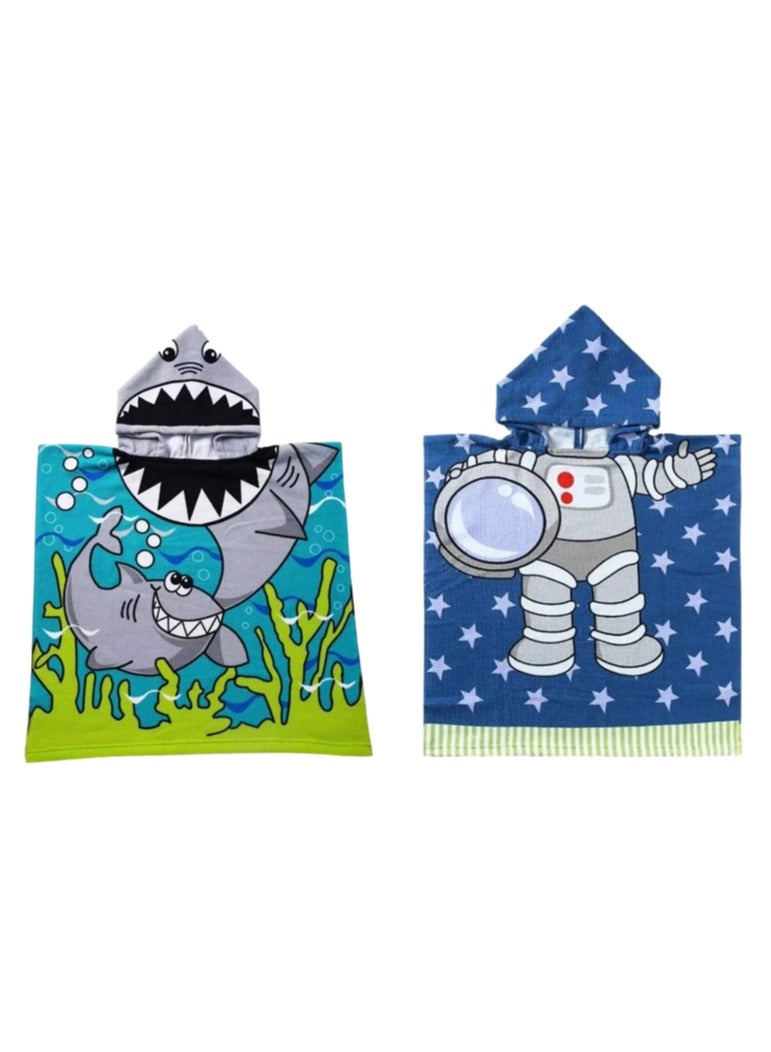 2 Pack Kids Bath Towels Ages 1-5, Kids Hooded Towel, Super Soft Microfiber Bath Towel, Bathrobe, Bath Caps for Boys and Girls for Swimming, Beach Vacation, Water Play, Pool, Dinosaur and Shark  - Image 1
