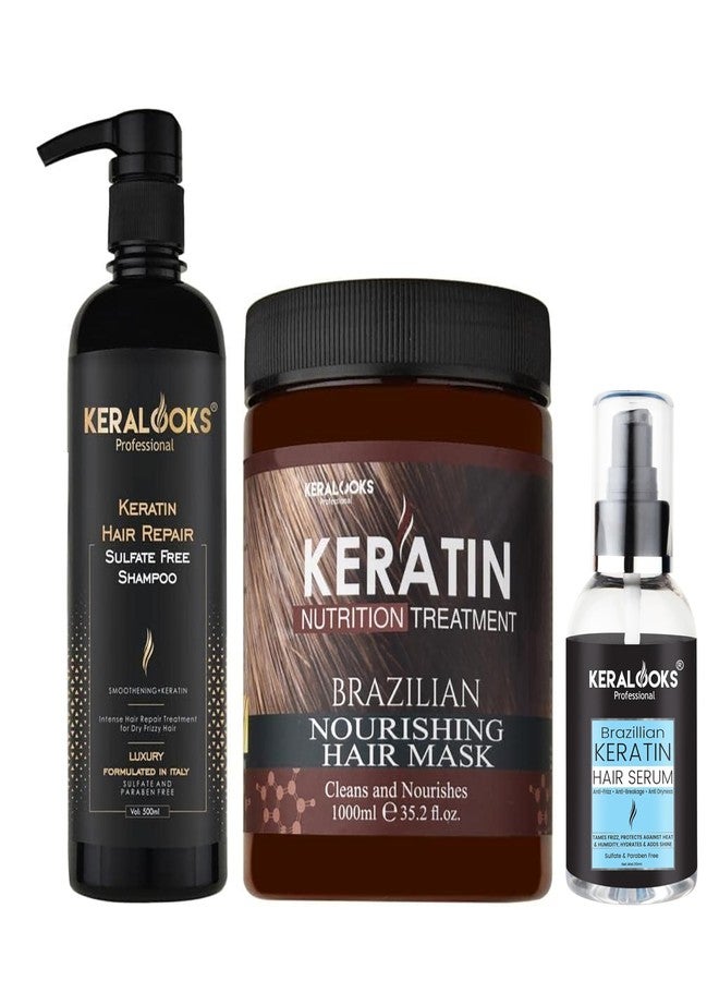 كيرالوكس بروفيشنال شامبو Keralooks professional® Keratin Repair الخالي من الكبريتات (500 مل)، ماسك الشعر البرازيلي (1000 مل) مع سيروم الشعر البرازيلي (110 مل) | للشعر الناعم والمعالج كيميائياً. - Image 1